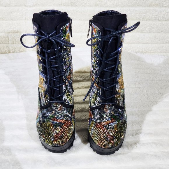 New Story Multi Sparkle Rhinestone Mag Lug Sole Chunky High Heel Ankle Boots - Picture 6 of 10